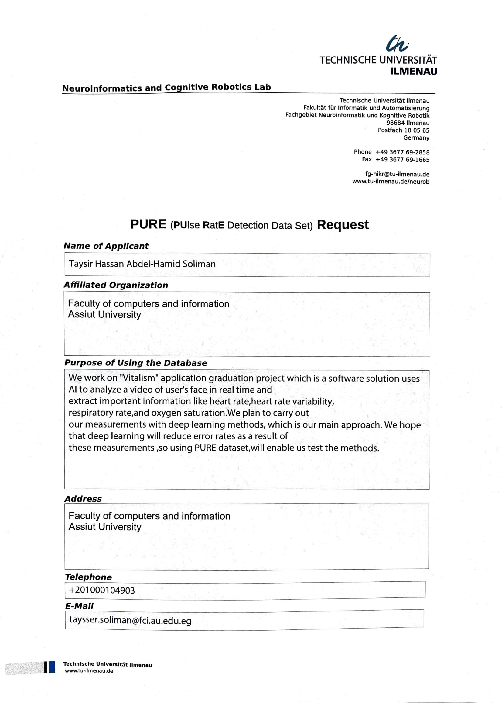 PURE Dataset Request Step 1